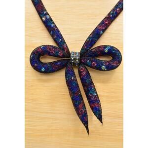 Betsey Johnson NWT Necklace Bow Crystal Dust Mesh Collar Black Blue Shiny no tag